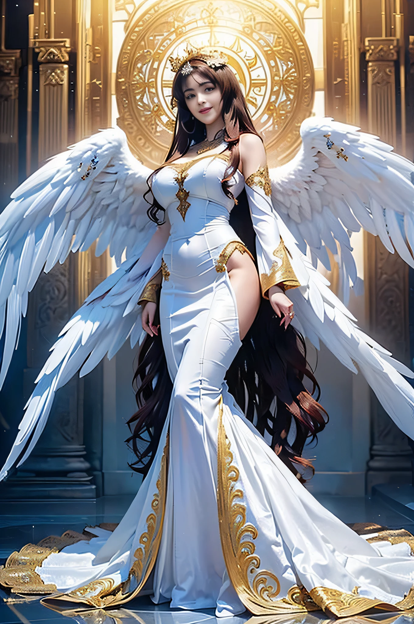 An angel has 12 wings on her shoulders.., wings burst from wings, have many wings, wings separated, Twelve wings rested on his shoulders.., have many wingsออกมาจากไหล่., pure black wings, Realistic picture, highest resolution, 16k, A god with wide wings and enormous power on his shoulders..., wings overlapping wings on shoulders., Add dynamic wings, Beautiful girl with two meter long hair, my hair is very long, long black hair, extra long hair, striking long hair, Beauty that comes from long hair, long black hair, Long, flowing hair, Smooth white skin, Smooth white skin, shiny hair, very red lips, charming standing posture, big breasts, big breast, big breasts, The breasts are soft and fluffy.., Plump breasts, Plump breasts, eye-catching breasts, small waist, hips raised, small thighs, Long legs, Women who are 172 centimeters tall, perfect proportions, Anatomically correct, proportional anatomy, dynamic poses, Short white dress with black embroidery, a few pieces of jewelry, gold armor, Float in the air, dark sky backdrop, dark sky, See the whole body., like full body, Visible in every part of the body, back light