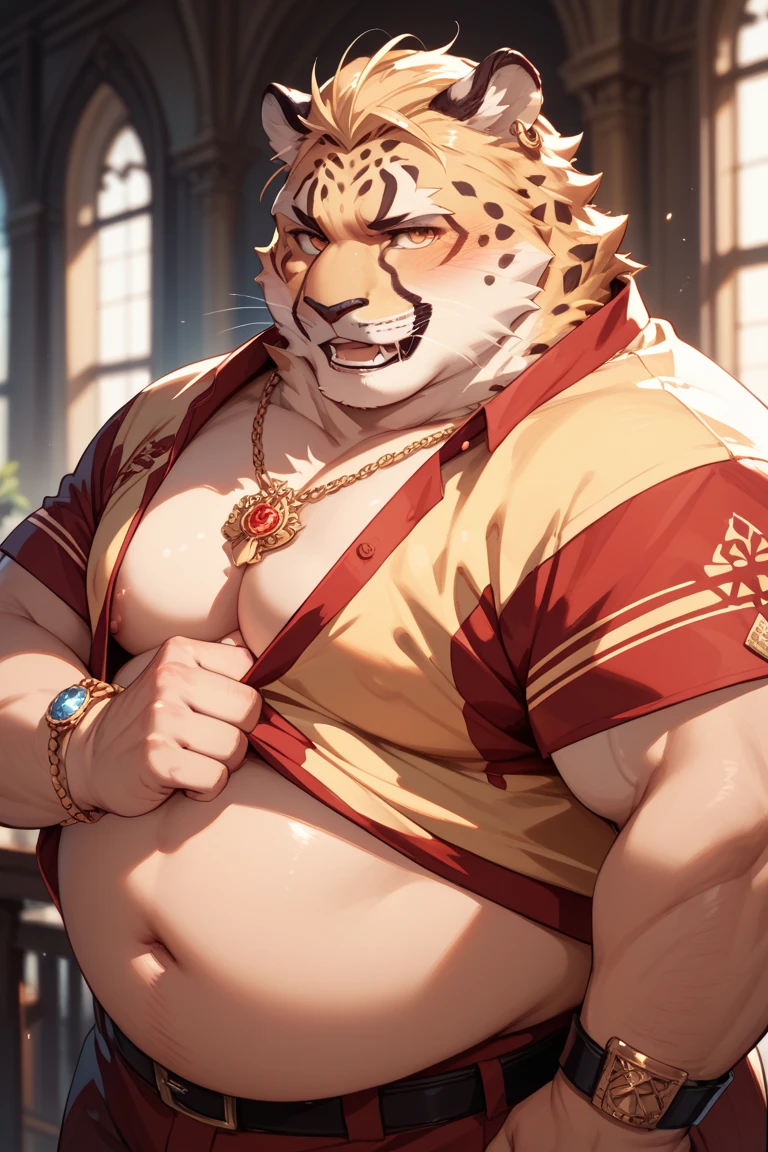 Lion, Male, big blonde mane, yeux verts, muscular body but fat and round belly, slip serrant et moulant, torse nu, taverne, seul, biere, souriant