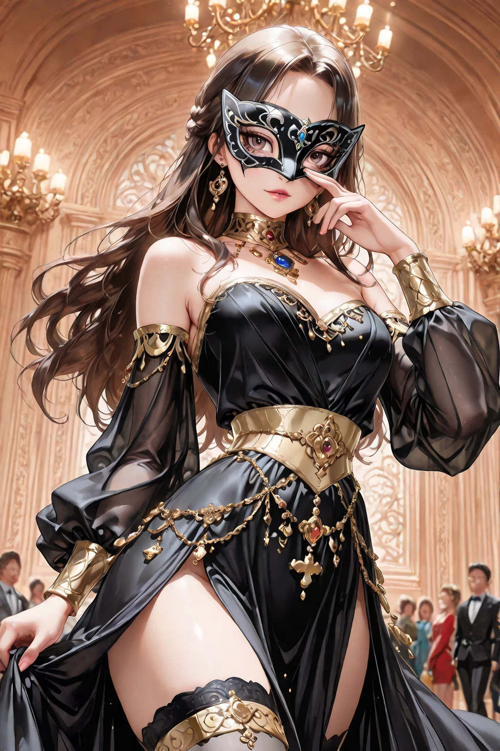 (woman in a masquerade party,elegant venetian mask,intricate costume,beautiful detailed eyes,beautiful detailed lips,extremely detailed face,highly detailed mask,moody bar interior,chiaroscuro lighting,dramatic shadows,cinematic,4k,8k,highres,masterpiece:1.2,ultra-detailed,realistic,photorealistic:1.37,rich colors,refined color palette,captivating)