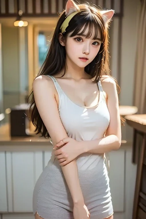 In detail, High resolution, high quality、Perfect dynamic composition, Beautiful fine details, Medium Hair, small 、Natural color lip,Kamimei、Shibuya Ward、20-year-old girl、1 person、Clear Skin、Shiny Hair、Tabletop, 最high quality, figure, Super detailed, In detail, High resolution, 8k、The correct state of the human body、Randomly cute poses,ponytail,Beautiful feet,Perfect beautiful face,KPOP idol faces,Ecstatic face,Light grey knit dress,Background Blur,Dress up as a model for a women&#39;s fashion magazine
