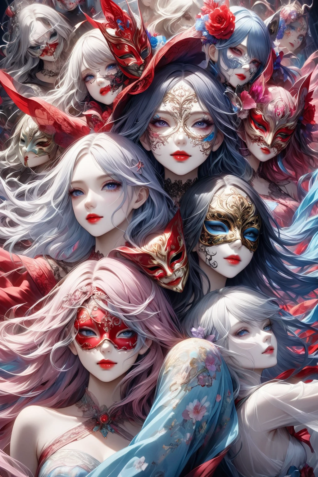 Watercolor painting in a colorful color palette, Multi-angle art of a group of women wearing half masks at a horror-themed masquerade, One is a fair-skinned young adult woman with pink and blue as the base, The other is a young girl with pale pale skin, The other one is an otherworldly woman with white skin who issues pale, Each woman wears a detailed baroque mask covering half of her face and her exposed face has a ghoul's fearless smile on her face, Their lips are accentuated with a plump glossy red, An elaborate circuit-like pattern is applied to their exposed faces, The dark-fantasy masquerade background is infused with glowing interwoven components and the entire scene is rendered with delicate brush strokes bleeding inks moody splatters and high-contrast red and black tones, The view is from above with a pronounced Dutch tilt