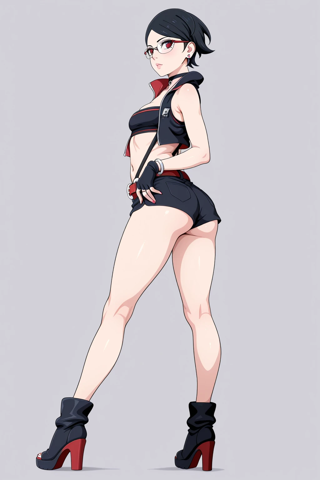 masterpiece, highest quality, best quality, looking at viewer, uchiha sarada, bare shoulders, black eyes, black hair, blush, red framed glasses, short hair, forehead protector, small crop top, tight black miniskirt, high heels, choker, underbutt, nsfw, ass showing, nipple outline, standing, seductive face, sexy pose