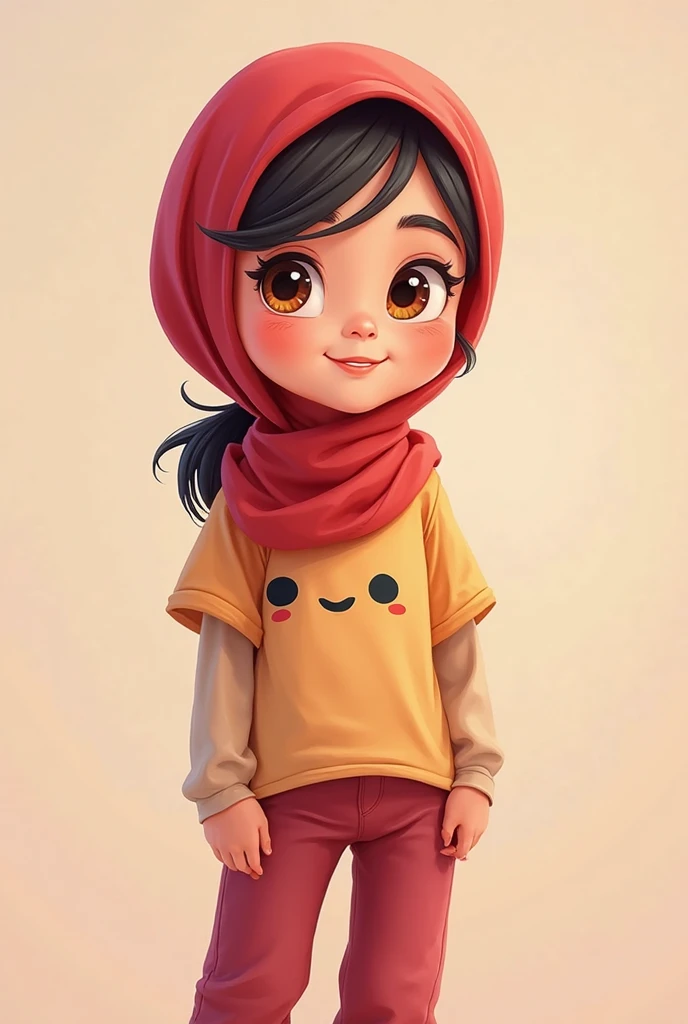 Cartoon with text: 
(masterpiece, best quality, 4k, expressive eyes, perfect face), Cute and adorable face, big detailed eyes, Cute little cartoon girl, with brown hijab on, black bikini 