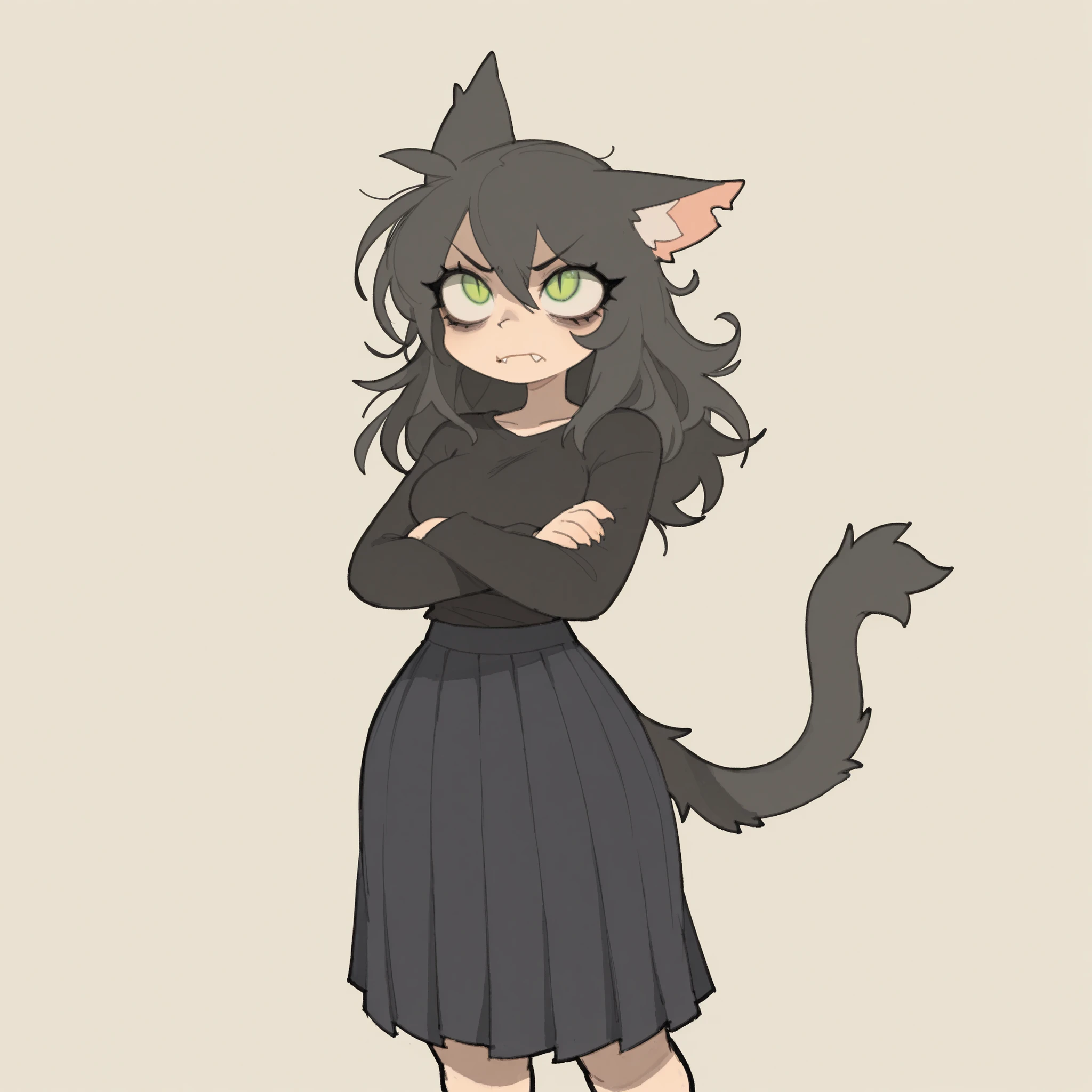 masterpiece, ultra-HD, impressionism, high detail, best quality, very aesthetic, 8k, best quality, beautiful, tmchng, 1girl, solo, short messy black hair, green eyes, slit pupils, almond-shaped eyes, bags under eyes, eyelashes, cat ears, cat tail, fang, medium breasts, narrow waist, wide hips, thick thighs, black long sleeves t-shirt, long black pleated skirt, grumpy, rolling eyes, crossed arms, standing, simple background, front view