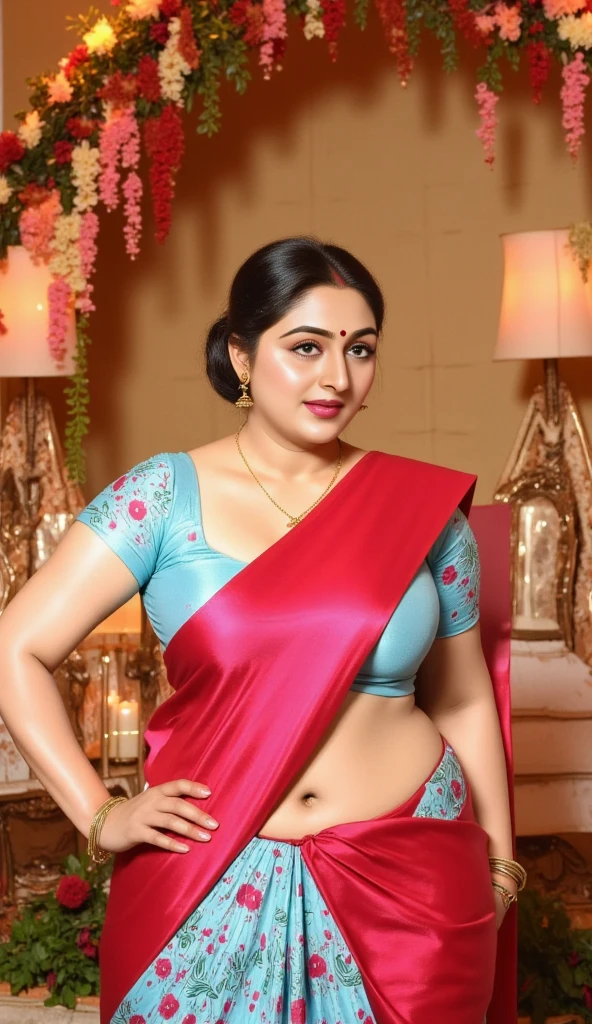 a woman in a pink sari posing for a picture, candid photography, candid picture, dressed in a sari, with a seductive smile, traditional beauty, provocative indian, indian, indian goddess, assamese aesthetic, with lovely look, wearing a sari, by Max Dauthendey, candid!! dark background, candid photo, very seductive pose, sexy pose, big , sexy cleavage, wet full body