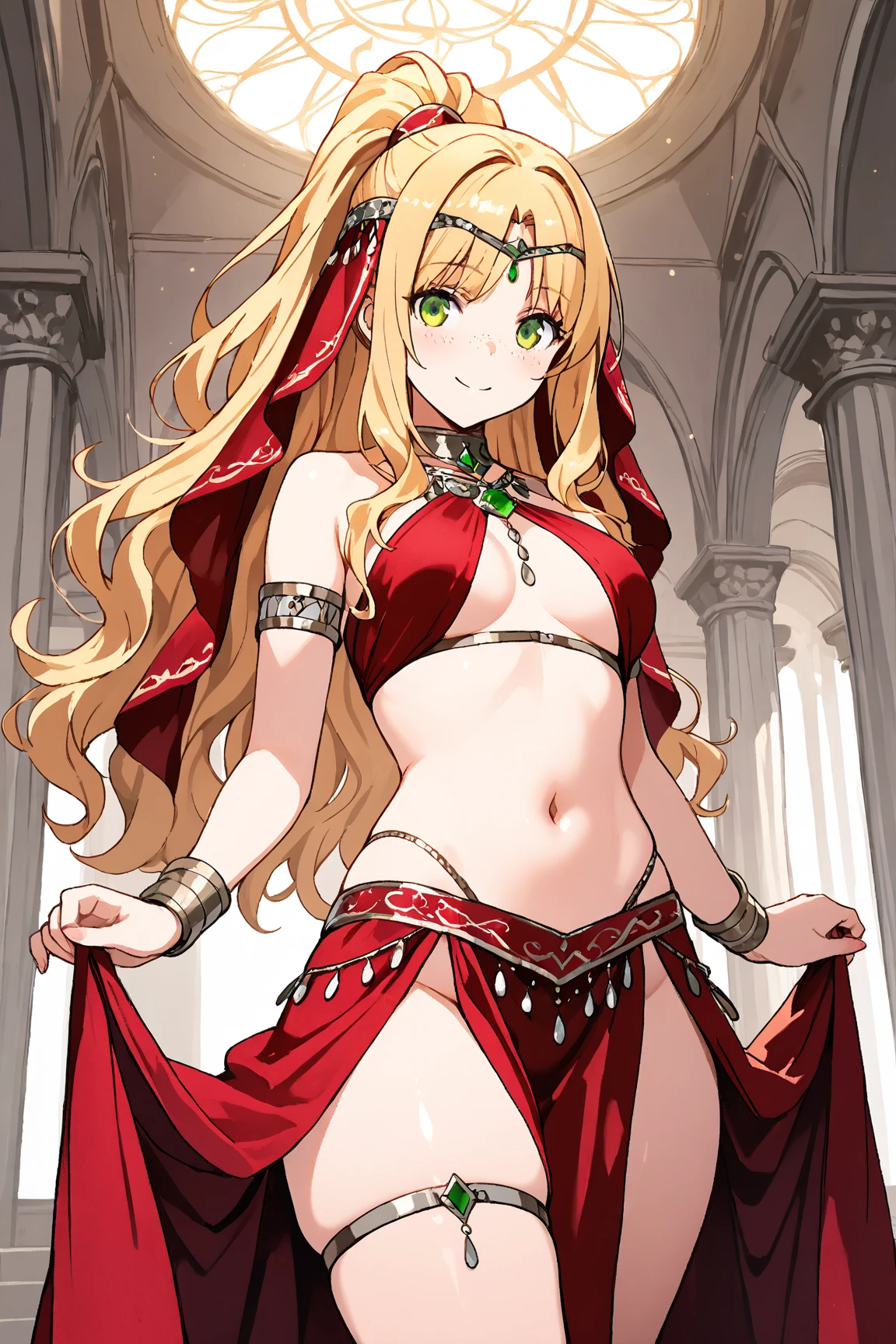 blonde hair, long hair, green eyes, with slender legs and an enticing beach pose, wearing a elegant red gown that shows off her navel, resembling an Arabian belly dancer. She has a short trimmed skirt and her flowing blonde hair is styled in a side ponytail. Her captivating blue eyes exude happiness, while her outfit highlights her alluring cleavage, happy