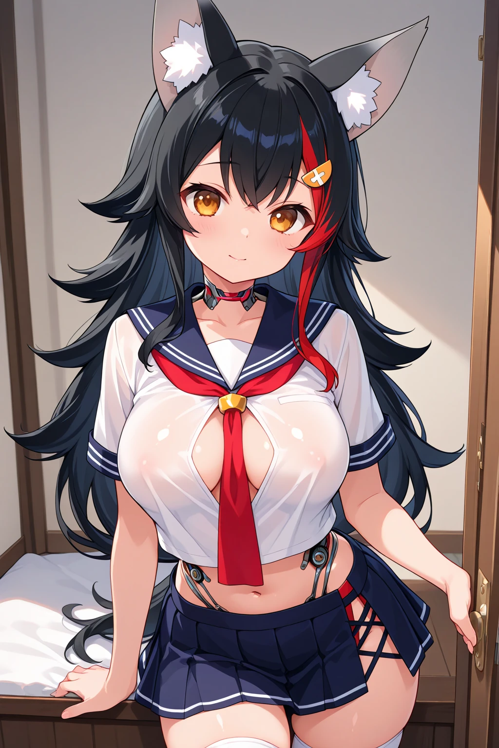<lora:Akeno_Himejima_black_bikini-V1:0.6>
((1girl, large breasts, thighs, navel, white shirt, red skirt, black jacket, collar, hair ribbon, legswear, smile, crossed arms )),
(school, corridor),
(cowboy shot, dynamic pose,),
(masterpiece, best quality, anime),