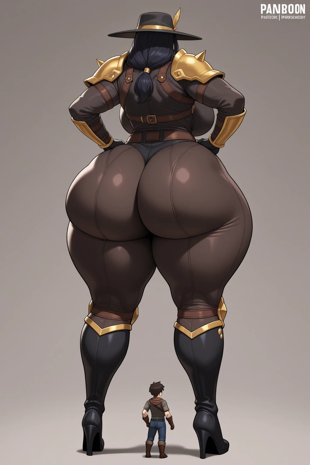 (masterpiece), best quality, female warrior, dark fantasy, huge girl, female muscular:1.2, black hair, (curvy:1.7), ((thick thighs:1.4)), (((blank background))), ((full body)), fingerless gloves, sandals, sleeveless, (straight  hair), (fur top) , strapless top, (spread legs), standing, (from behind) 