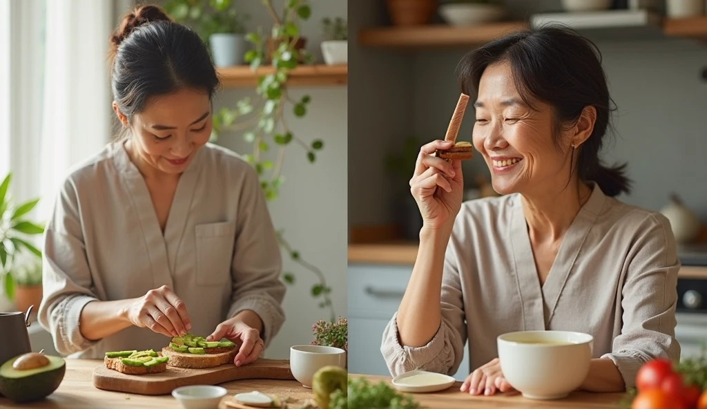 An midle aged asian woman (short wavy gray hair, glasses, wearing a shirts, smiling) at a table with a delicious meal filled with delicious food and a warm and spacious living room background --auto --s2
