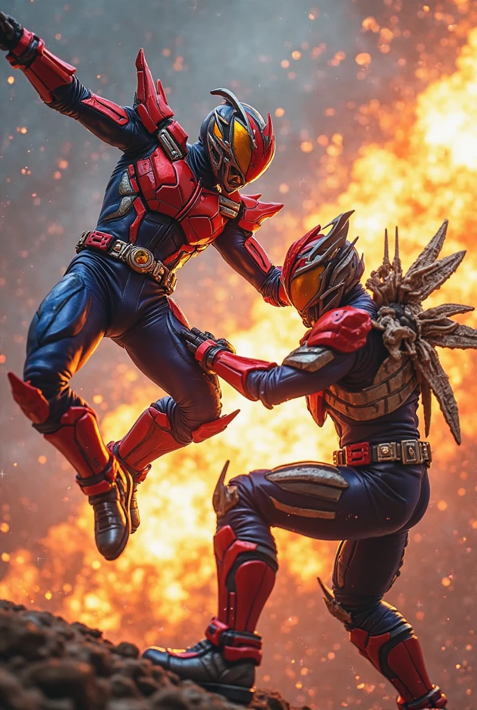 background with a sky and clouds, there are two action figures in a tree with leaves, battle action pose, Flash punching a gorilla with armor, background forest, rocks on the ground, bushes, leaves, trees.