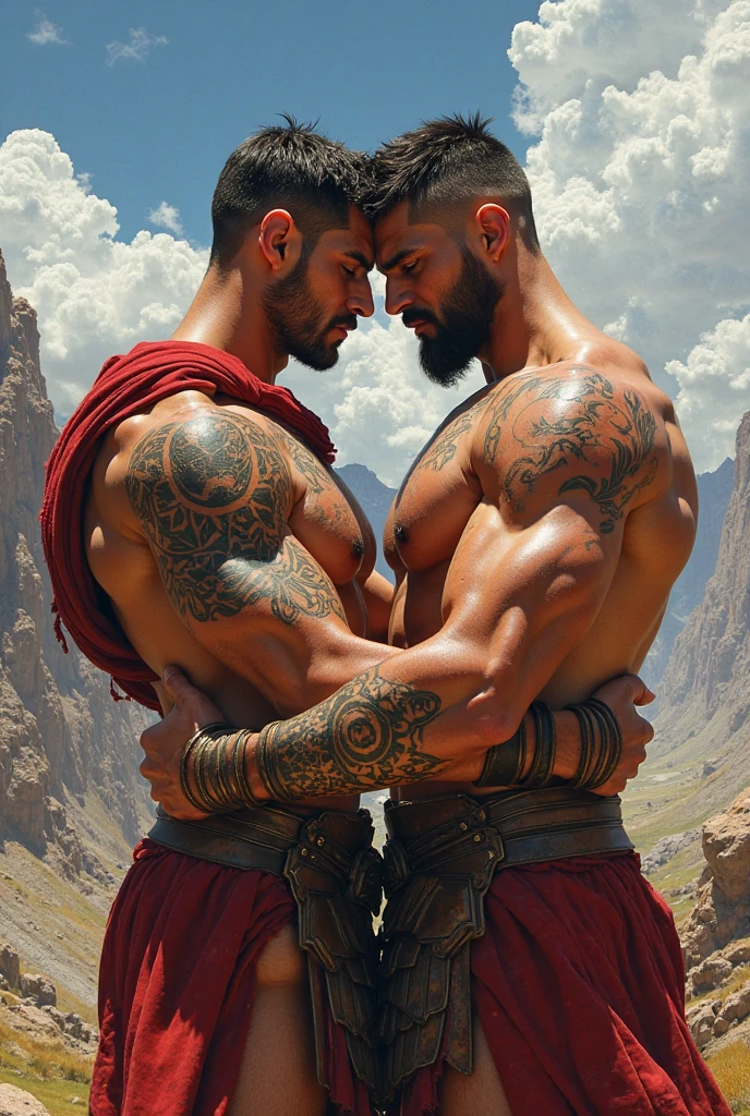 Create a highly detailed, cinematic image of a strong, muscular warrior with long hair tied into a bun and a mustache. He is wearing a traditional warrior outfit, including a leather chest plate and arm bands. The warrior is standing on the beach during sunset, facing a large black horse. The horse and the warrior are close, with their foreheads touching in an intimate, respectful moment. The warrior is holding the horse's reins gently, while his other hand rests on the hilt of a sheathed sword at his side. The background showcases a calm ocean with soft waves, bathed in the warm hues of an orange-pink sunset.