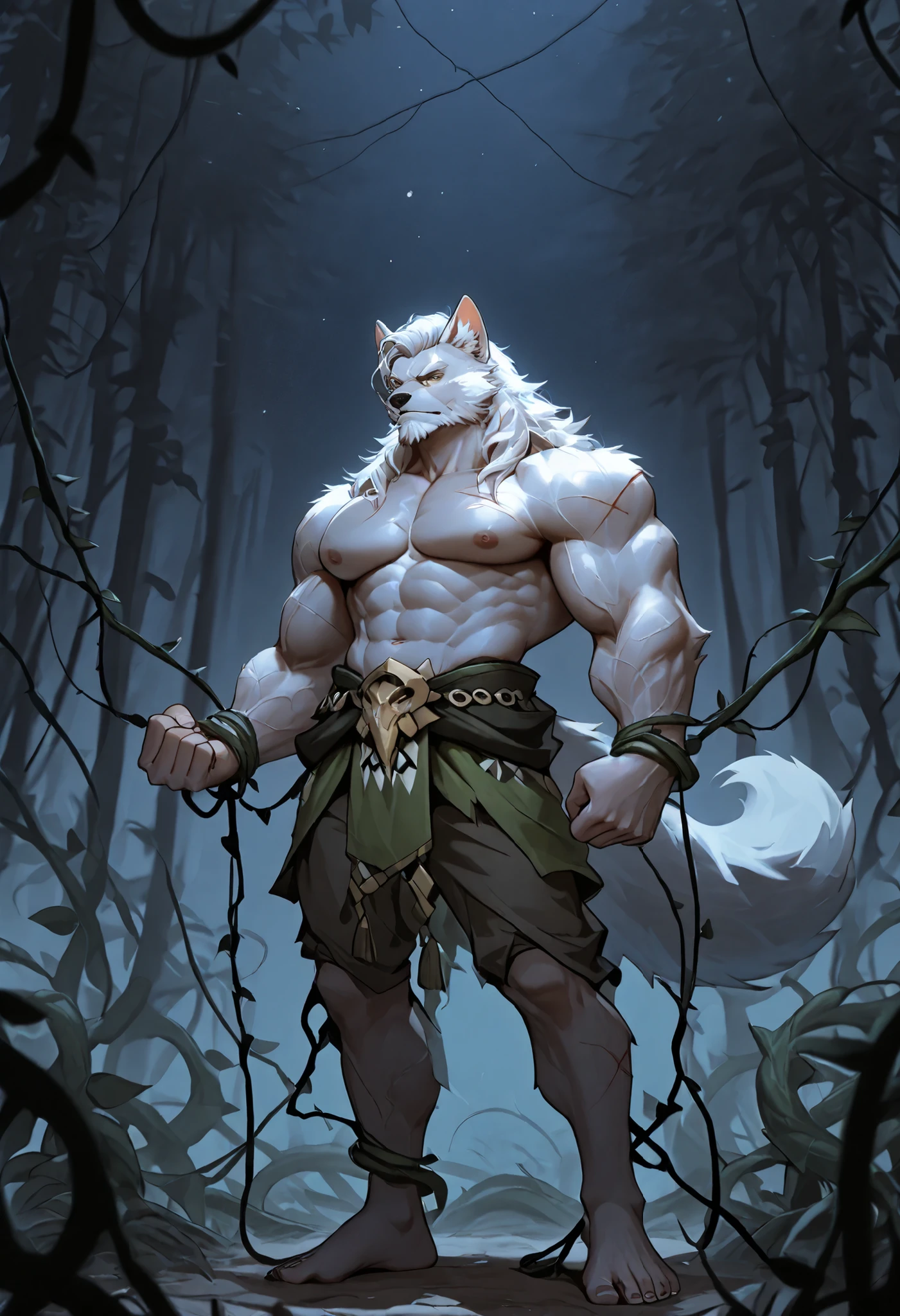 ultra-detailed, masterpiece, masterwork, high quality, best quality, hdr, (nature, night), posted on e621, (by darkgem), nsfw, male, solo, (white little body werewolf), canine, (long  silver hair, yellow eyes, white body, roar), stylish pose, dynamic angle, (bulge loincloth)