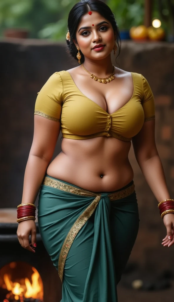 50yo mature MILF Anushka Shetty,((best quality)), ((masterpiece)), ((realistic)), Medusa, Vishkanya , sundari, Apsara, Mohini, Kamini, Kalaripayattu woman, Hindu mythology, goddess of beauty and war, full body, beautiful flowers styled in the hair , green eyes, female face,metal carved top, royal aura, trend on artstation , sharp focus, studio photo, intricate detail, very detailed, detailed eye, illustration, very detailed, sharp focus, digital render, professional, 4k, low waist saree satin sleeveless saree fashion,, she hates wearing any bra or blouse, thick figure, bulky figure, thick belly, kerala style draping, traditional Indian wearing, 