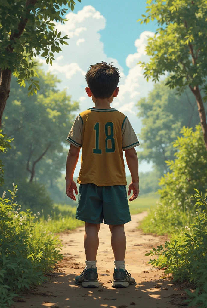 A boy in a forest in a clearing with a ball and the sun is shining