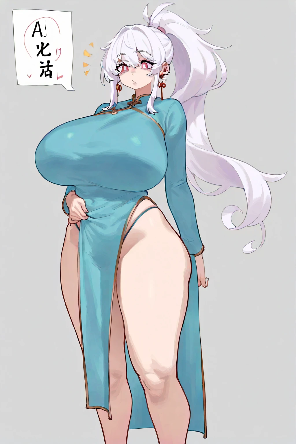 (masterpiece, HI quality: 1.1) 1girl full body standing good face, nice ass, hairstyle: braid, Color Hair: long hair, Blindfolded: NO EYES, Skin: White (porcelain skin, sparkly skin), muscular, thighs, Mature woman, Abs, looks at the viewer smiling, extremely huge breasts, maternal, chest cover with clothes, huge white necklace