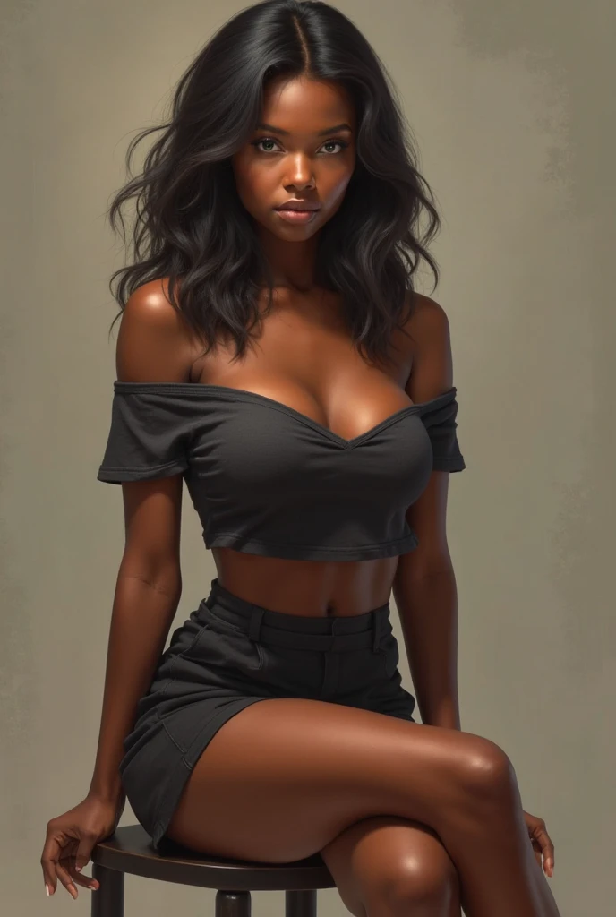 Photorealistic Masterpice Big Breasts Black Woman on a Chair , tenant un livre, Corps complet Corps parfait, visage parfait, Souriant, Disque dur, Cadre de distance, negligee