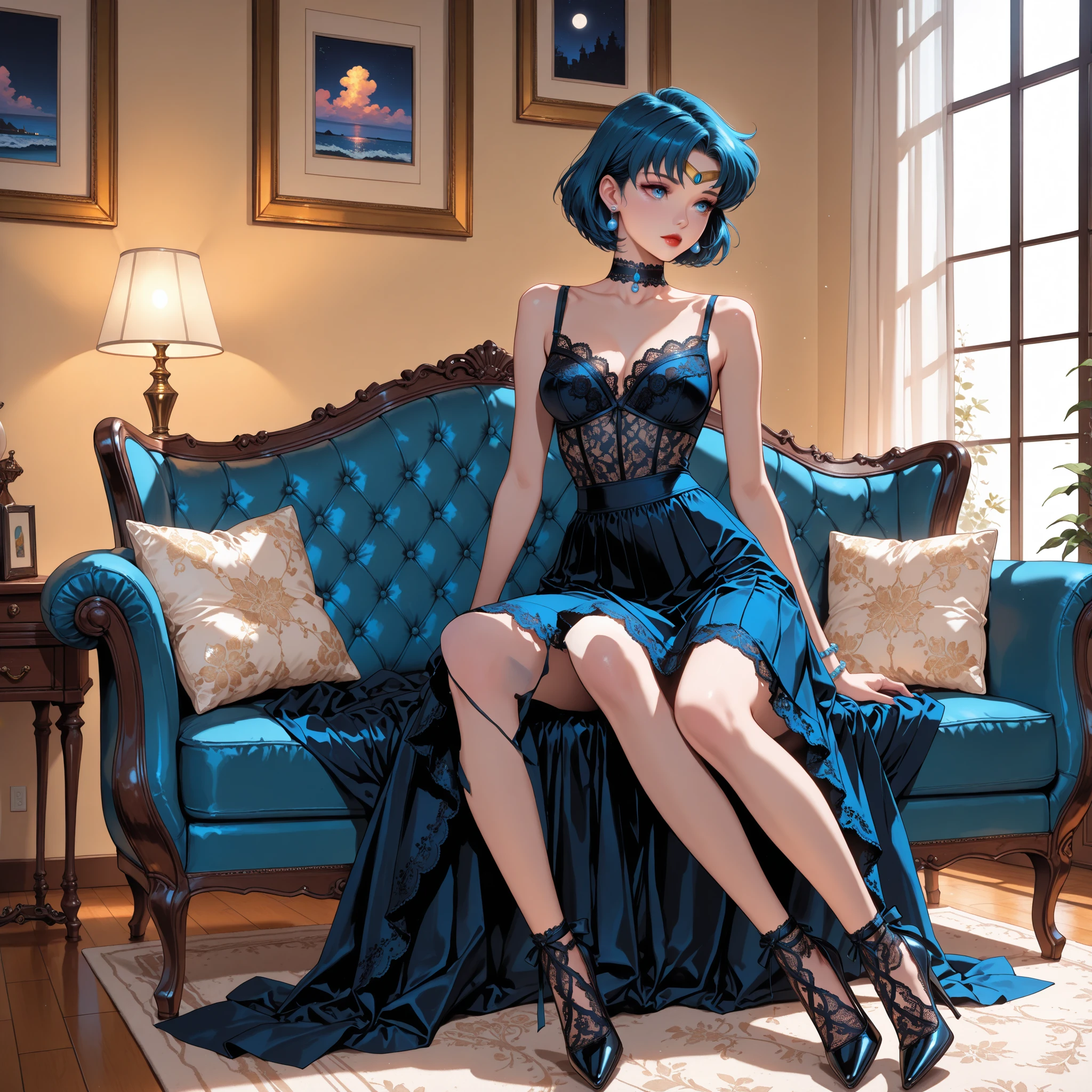 Image of forests of clocks interspersed with forests of thorns, dark, gloomy, mysterious but full of magic, shimmeringly beautiful, in the distance there is a giant birdcage surrounded by climbing black roses, a blue hair girl inside sitting on the sofa, cinematic color, 16K, UHD
