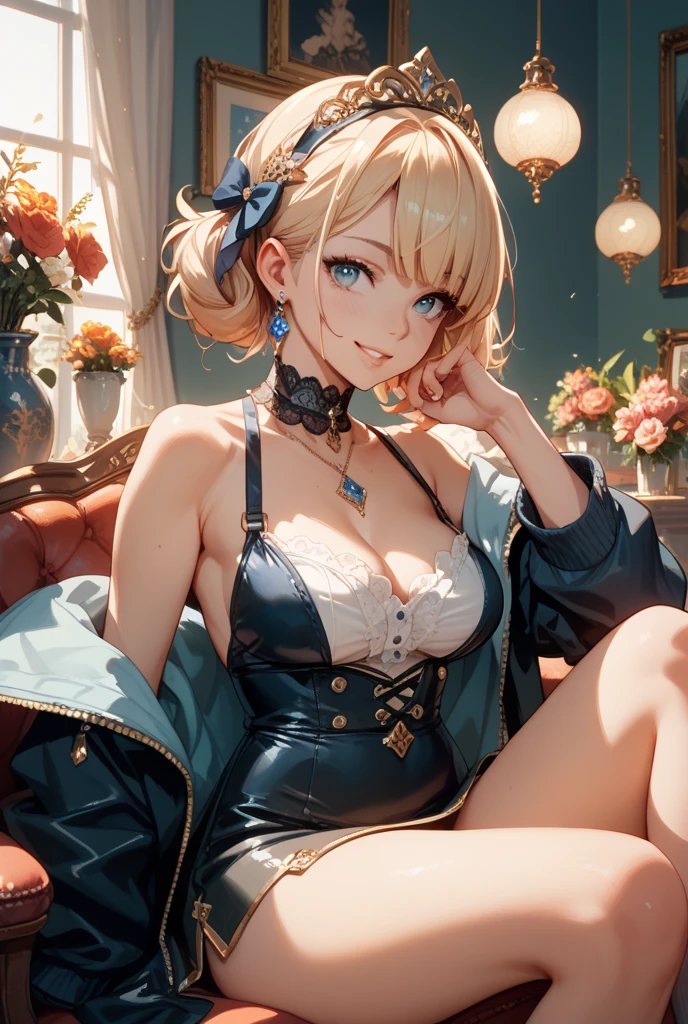 1girl, blue lingerie, blue lipstick, green eyes, blonde hair, thin body type, pin-up pose, chair, cozy environment, character design, white background