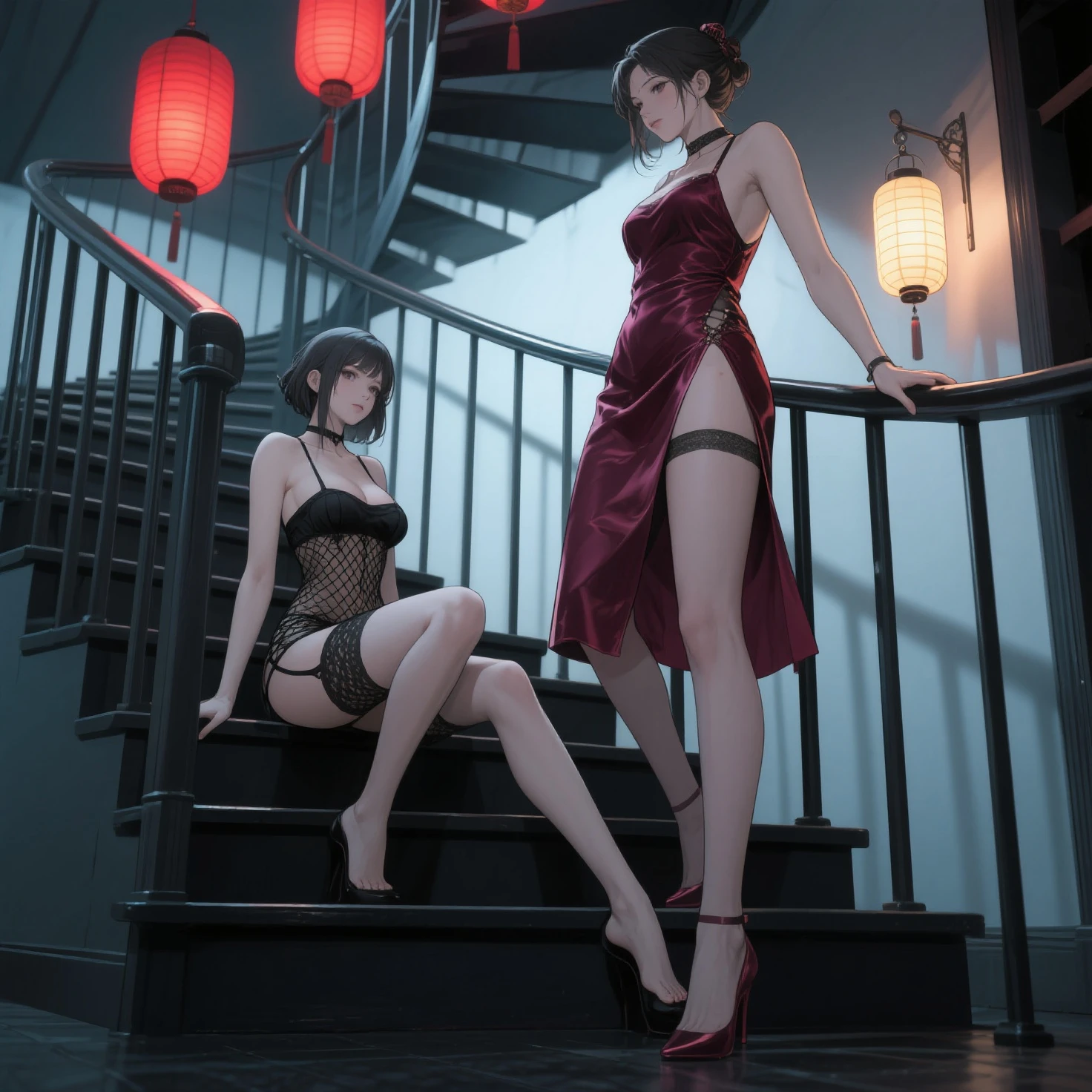 a beautiful 20 year old chinese girl, 1girl, full body, medium length black hair with red highlights, long red dress with low cut breasts and legs, extremely detailed dress, lace tights, crouched next to a door of a mansion bedroom, using rogue tools to unlock the door, hyperrealistic, highly detailed, photorealistic, realistic, masterpiece, 8k, professional, vivid colors, studio lighting, sharp focus, physically-based rendering, extreme detail description
