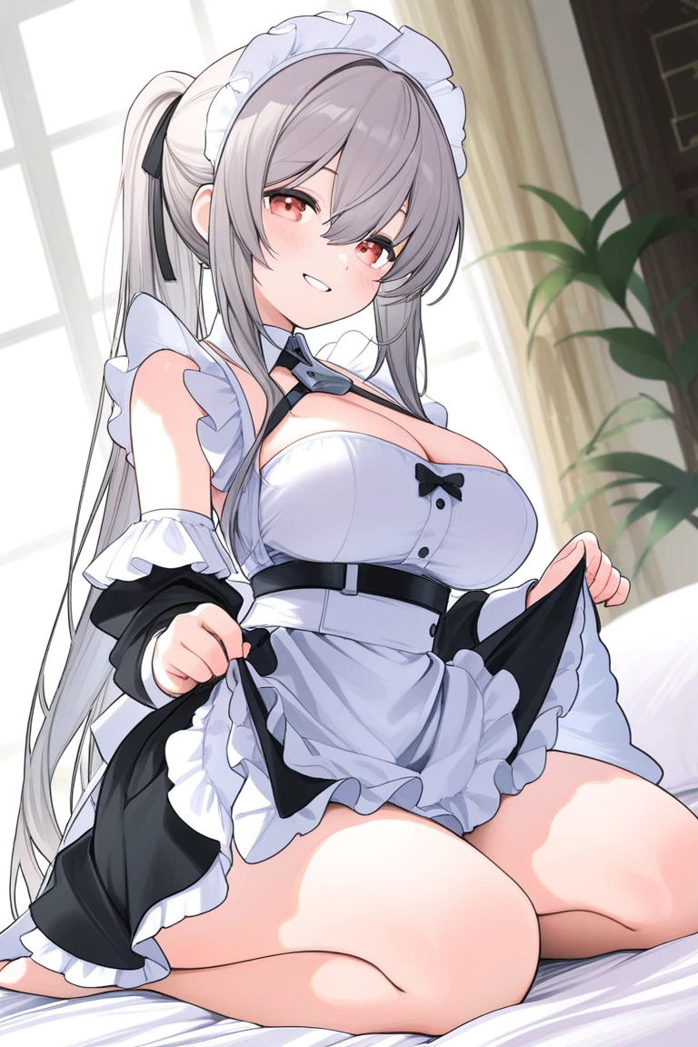 Yukinecris、One person、solo、Long Hair、chest、Staring at the audience、blush、Open your mouth、Big Breasts、Knee socks、Hold、chestの谷間、Twin tails、stand、Purple Eyes、clavicle、Ahoge、Gray Hair、Frills、Shiny、indoor、apron、Shiny Hair、白いKnee socks、cup、Shiny skin、Maid&#39;s Headdress、低いTwin tails、Embarrassing、Scrunchie、cover、裸apron、Light purple hair、Cup、tray、wine glass、trayを持つ