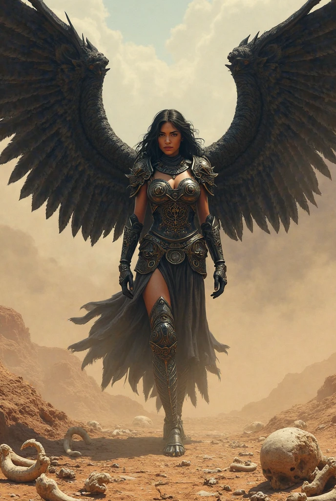 Recreate the image of a fallen angel with damaged wings in a medieval fantasy setting, using the Renaissance style. Center the angel in detailed Renaissance costumes and use the chiaroscuro technique for dramatic contrast. Add a smaller human figure watching the angel, and compose the desolate landscape with twisted trees and rocks. Use an earthy, natural color palette, maintaining a mystical and solemn atmosphere.