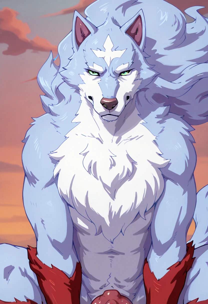 Male, feral, fel, wolf, dog penis, serious face, red paws, red leg, seductive, tall, strongh, beautiful face, handsome wolf, green eyes, head mark, front view, sitting, musky cloud, fluffy fur, Inu-sama