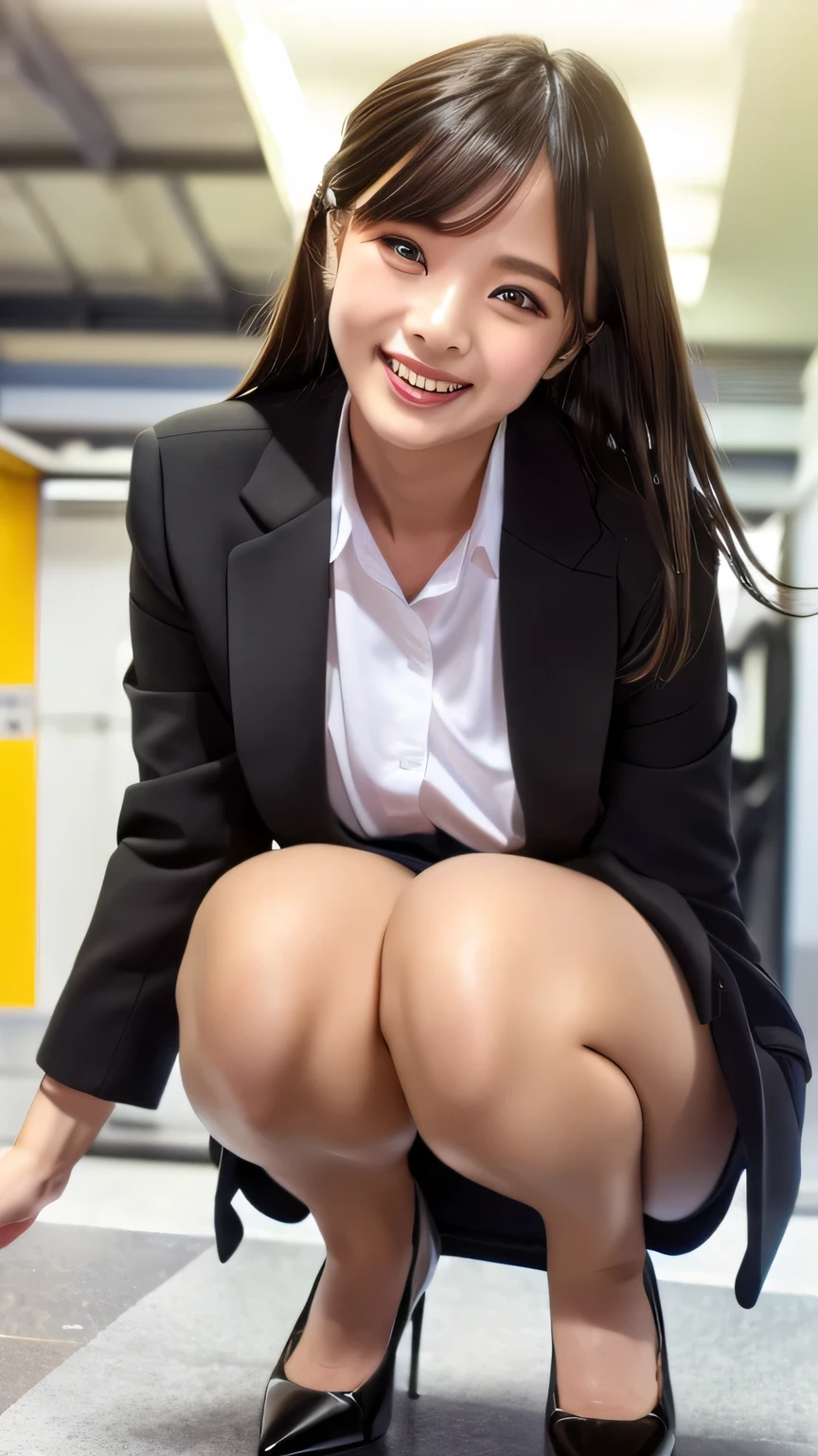 masterpiece,8k,highest quality,Ultra-fine illustration, big_file size, highly detailed face, perfect lighting, full color, OL, suitを着ている, (inside the office:1.5), detailed background, professional lighting, dynamic angle, Fine and shiny skin,big目), cute, 21 years old, (Photographed from the front), (squat:1.5), (suit, satin shirt,mini tight skirt:1.1),medium black hair, I can see white panties, (office background:1.5), smile