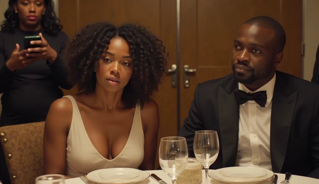 Generate an image of a black skinny curvy woman in sitting in a restaurant and staring at a black handsome man sitting in another table