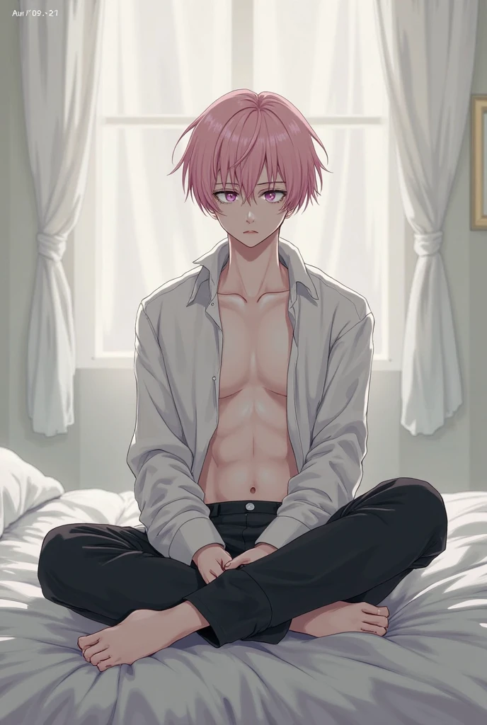 1 boy(15 years old、Levi Ackerman、pink hair、blush、Sweat、half naked)、between legs(bulge)、upright