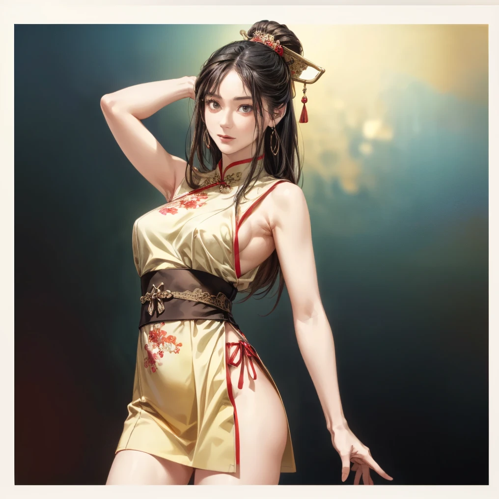 Adorned in a striking fusion of Eastern and Western aesthetics, the Entrancing Eurasian Catgirl radiates elegantly in a Silk and Lace Evening Cheongsam. This enticing attire effortlessly blends tradition and contemporariness, transforming her delicate silhouette into a tantalizing showcase of curvaceous allure, exuding a balanced mix of class and seduction.

As she gracefully lifts her arms, her provocative underarms, glistening with sweat, are revealed in their full allure. The delicate Cheongsam, with its sheer and complex lace design, flowingly descends her body, subtly revealing her charms while preserv