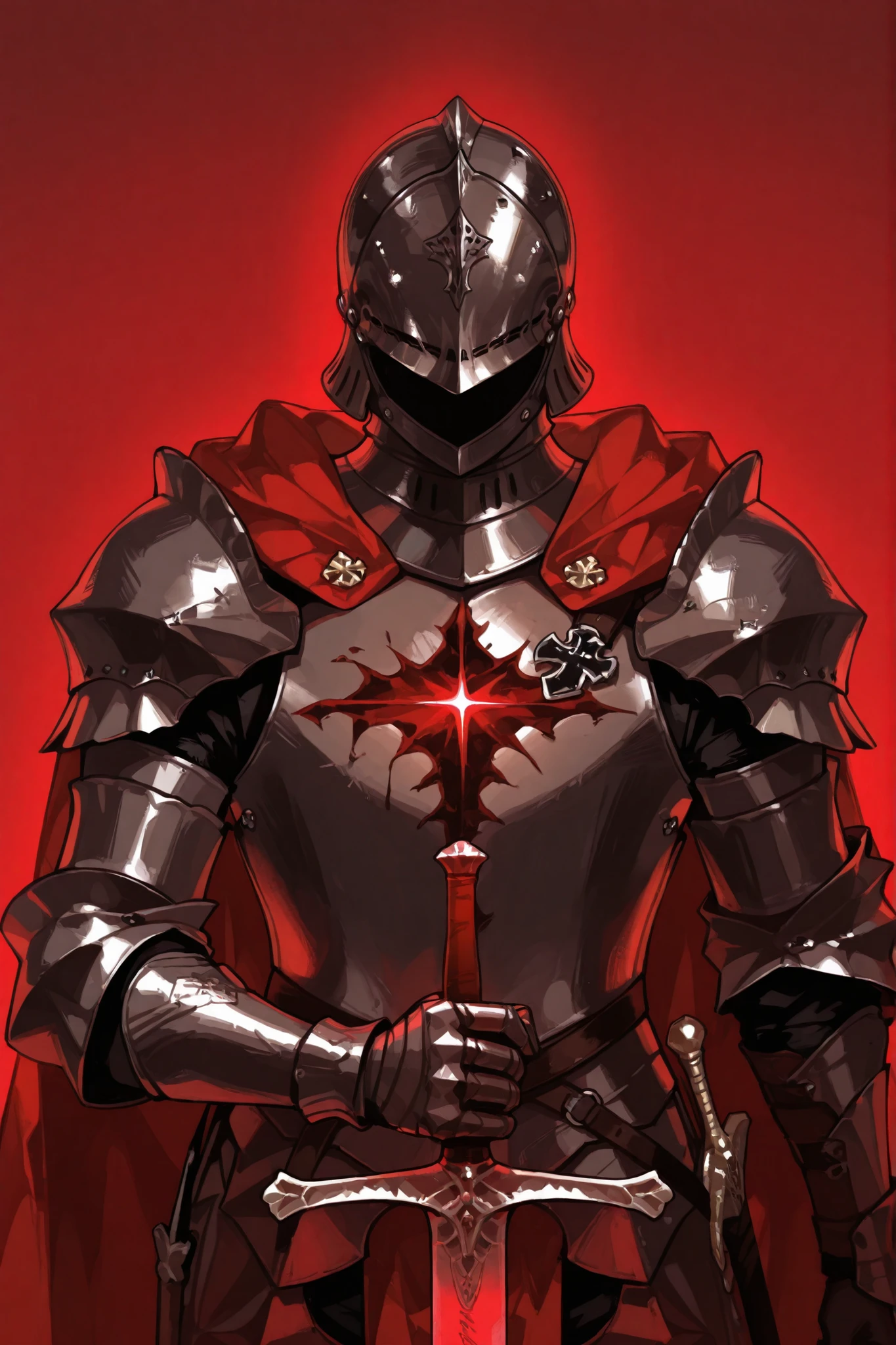 Medieval Knight Full Coverage Helmet,Black and Dark Red Full Coverage Medieval Knight Armor,One eye on the chest,A long sword with a magma pattern in his hand, no background ,Facing me,Evil