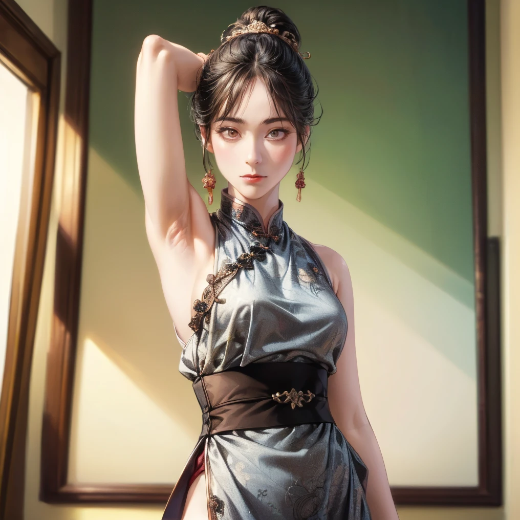 absurdres, RAW photo, extremely delicate and beautiful, masterpiece, Best Quality, ultra high resolution, 32k, hyperrealistic, ultra-detailed, perfect figure, in her 20s, very small head, very small face, delicate facial features, tearful mole, earring, ((huge breasts)), ((((full body shot)))), medium hair, black hair, ((cheongsam)), sleeveless, deep slit,