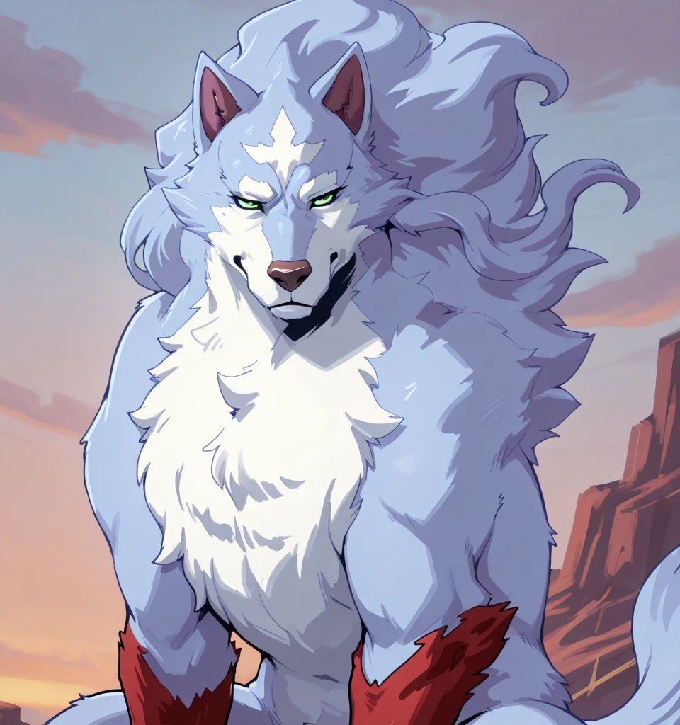 Male, feral, fel, wolf, dog penis, serious face, red paws, red leg, seductive, tall, strongh, beautiful face, handsome wolf, green eyes, head mark, front view, sitting, musky cloud, fluffy fur, Inu-sama, masterpiece, accurate, anatomically correct, textured skin, super detail, high details, high quality, best quality, highres