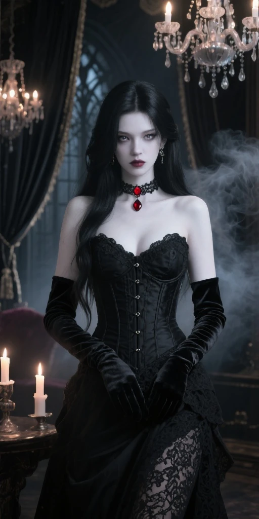 fantasy art deco (art deco: 1.5) A (black and white: 1.5) glamours (vampire: 1.5) model shot, RAW, award winning, of an exquisite beautiful 1solo female vampire, ultra feminine, full body, busty woman, most beautiful face ultra detailed face, long hair, wavy hair, pale skin, glowing (red: 1.3) eyes, wearing (purple: 1.5) silk intricate glamour dress corset , studded with (black opals: 1.3) wearing intricate high heels, lying in bed, light make up, ancient library background, , (black and white filter: 1.4), (anatomically correct: 1.4), 1960s photoshoot style, picture taken from dynamic range, vibrant, Ultra-high resolution, High Contrast, (masterpiece:1.5), highest quality, Best aesthetics), best details, best quality, highres, ultra wide angle, 16k, [ultra detailed], masterpiece, best quality, (extremely detailed), Intense Gaze, dark novel, Blood_Covered, goth person