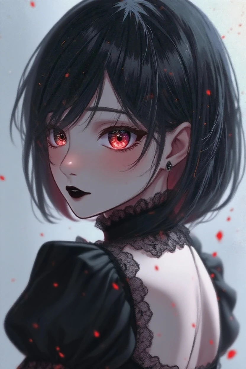 high res, (masterpiece:1.6), (((dark atmosphere))), dark lighting, (best quality:1.4), best illustration, best shadow, depth of field, detailed eyes, sharp pupils, best dark, beautiful, detailed face, 1girl, short, cute, black hair, red eyes, short hair