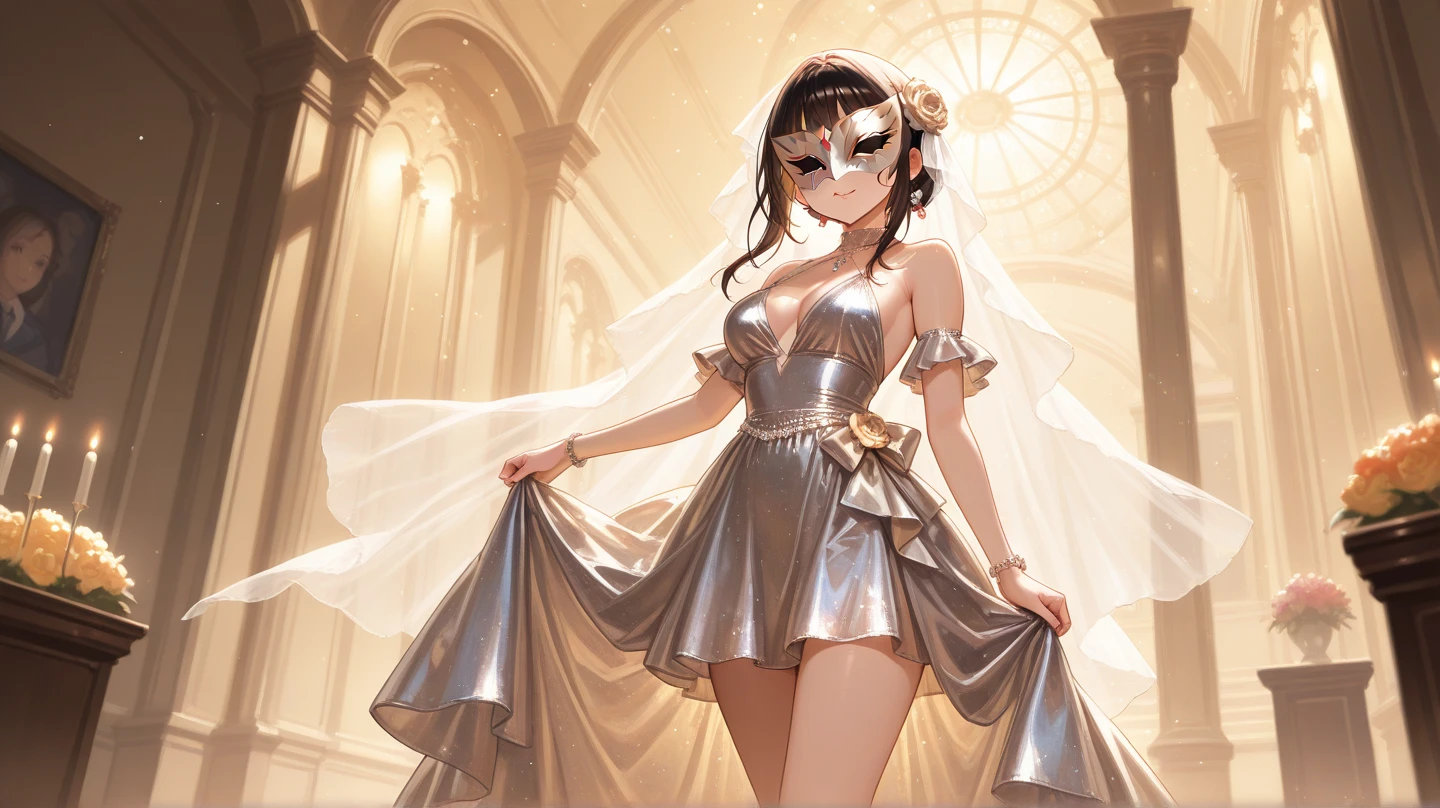 Young girl with delicate features, thin but cute face, light white skin with a slight blush, soft pink lips, glowing light blue eyes, long, slightly wavy brown hair with pink highlights, wearing a heroine outfit consisting of a white leotard with cute and delicate details in ruffles and lace and the sleeves cover the entire arm, on the hips in the back there are ruffles that imitate a white skirt and on the feet are white boots that go up to the knees and have crystal details, on her face she wears a veil that only covers her mouth and is made of crystals. It&#39;s on top of a building at night and it&#39;s dark. 
