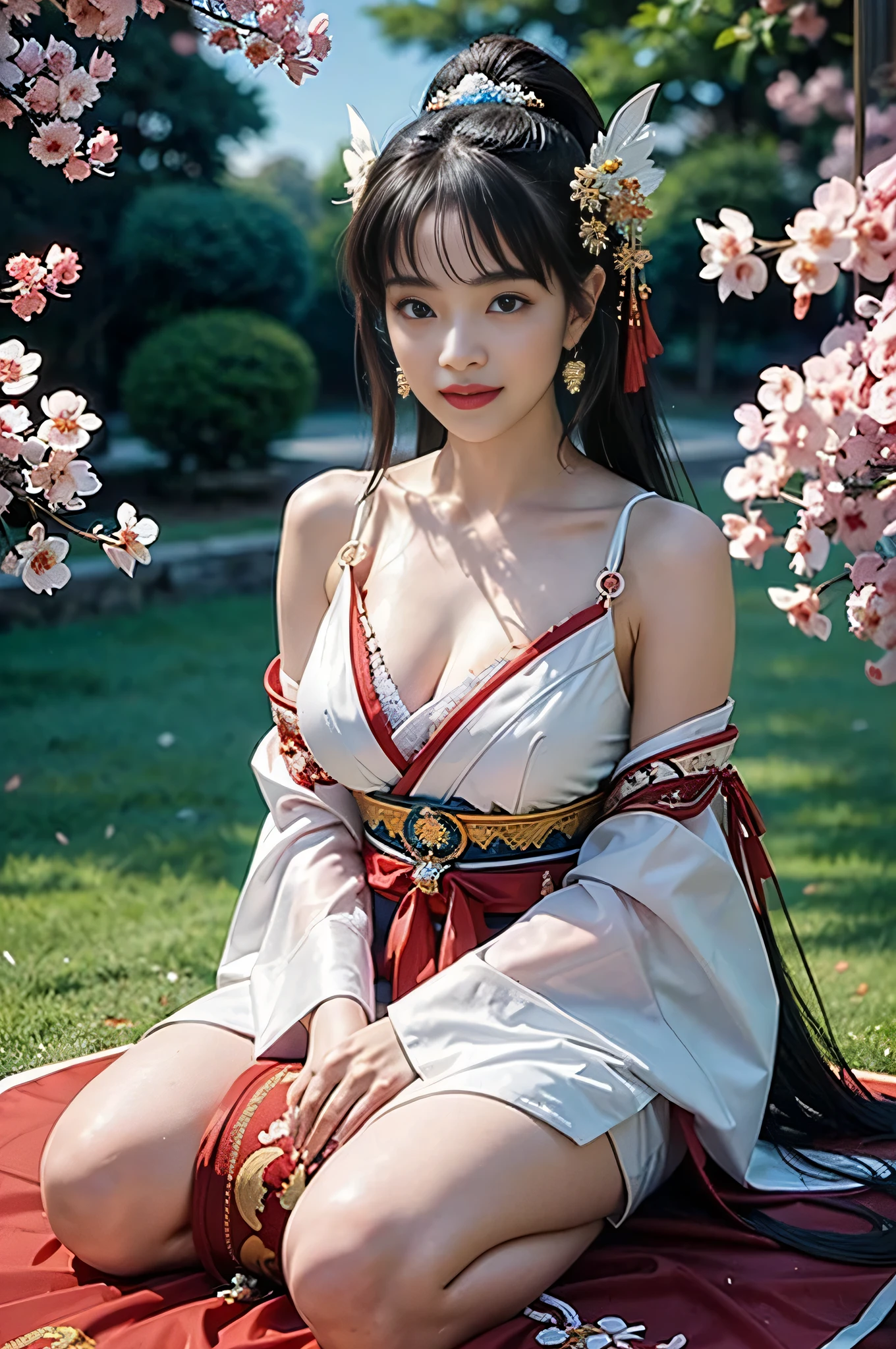 best quality, Delicate face,beautiful visual work, lifelike, eternity, black hair, Long curly hair, blunt bangs, Smile, Detailed Background, Delicate face,blush,cold,((masterpiece))、(top quality)、8k、high detail、Super detailed,21 years old female,身穿唐制Hanfu、waist skirt, Clothes are light and fluffy,Hanfu, wide sleeves, Transparent sleeves, Tunic, Clothes made of chiffon, masterpiece、born、Scenes resembling fairy tale illustrations、intricate details和複雜的設計、Beautifully、magic、capricious、 Beautifully、Dream aesthetics、「𝓡𝓸𝓶𝓪𝓷𝓽𝓲𝓬、ethereal、charming、fickle、magic」、realism、Visual effects、FXAA、SSAO、Shader、voiceless、ambient lighting、Tone mapping、High resolution、Ultra high quality、Million pixels、(8K resolution:1.10)、8k、8k以下、8K resolution、high detail、intricate details, (high quality:1.2、masterpiece:1.2、:1.21)、(21 years old female:1.21)、(興奮地Smile)、(被dream般的氛圍所包圍、Model diagram,full-body shot,Normal 2 feet,Put your hands behind you,The protrusion of the breast is visible when wearing clothes, Large Breasts, H cup chest, antiquity, Xian Xia, gauze clothes, Soft and fluttering, Fairy, dream, fantasy, light, Elegant, nature, Immortal, romantic, classical, ribbon,Chinese style, The background is Chinese architecture