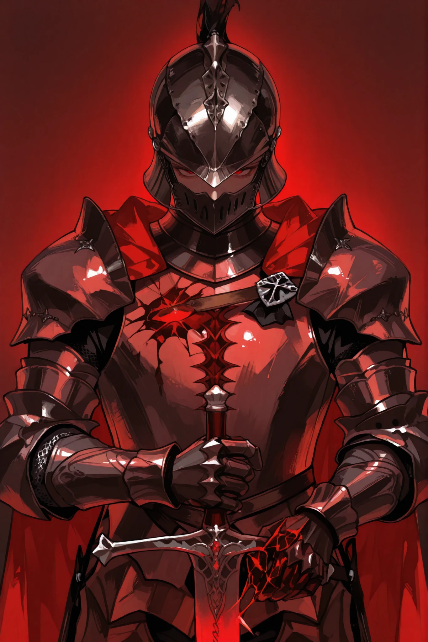 medieval knight's helmet，Reveal your face，Red Eyes， male，Black and Dark Red Full Coverage Medieval Knight Armor，One eye on the chest，A long sword with a magma pattern in his hand， no background ，Facing me，Evil，tall and straight