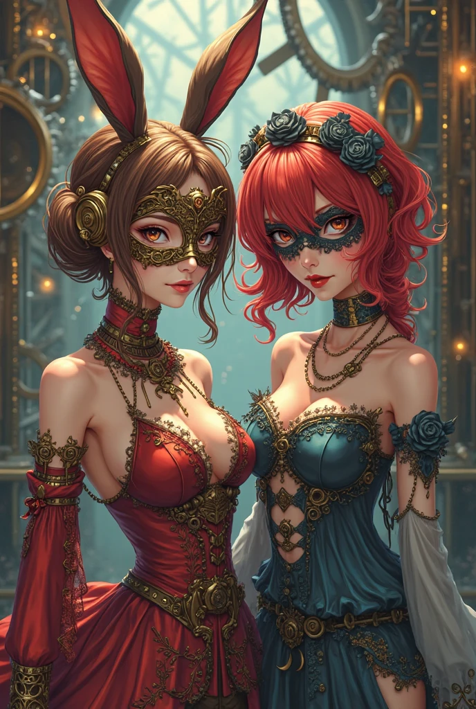 Beautiful red-haired women in tights, a masterpiece, a mini tailcoat, mesh tights with meshes in the form of tambourines and cutouts in the shape of hearts, decorated with lace