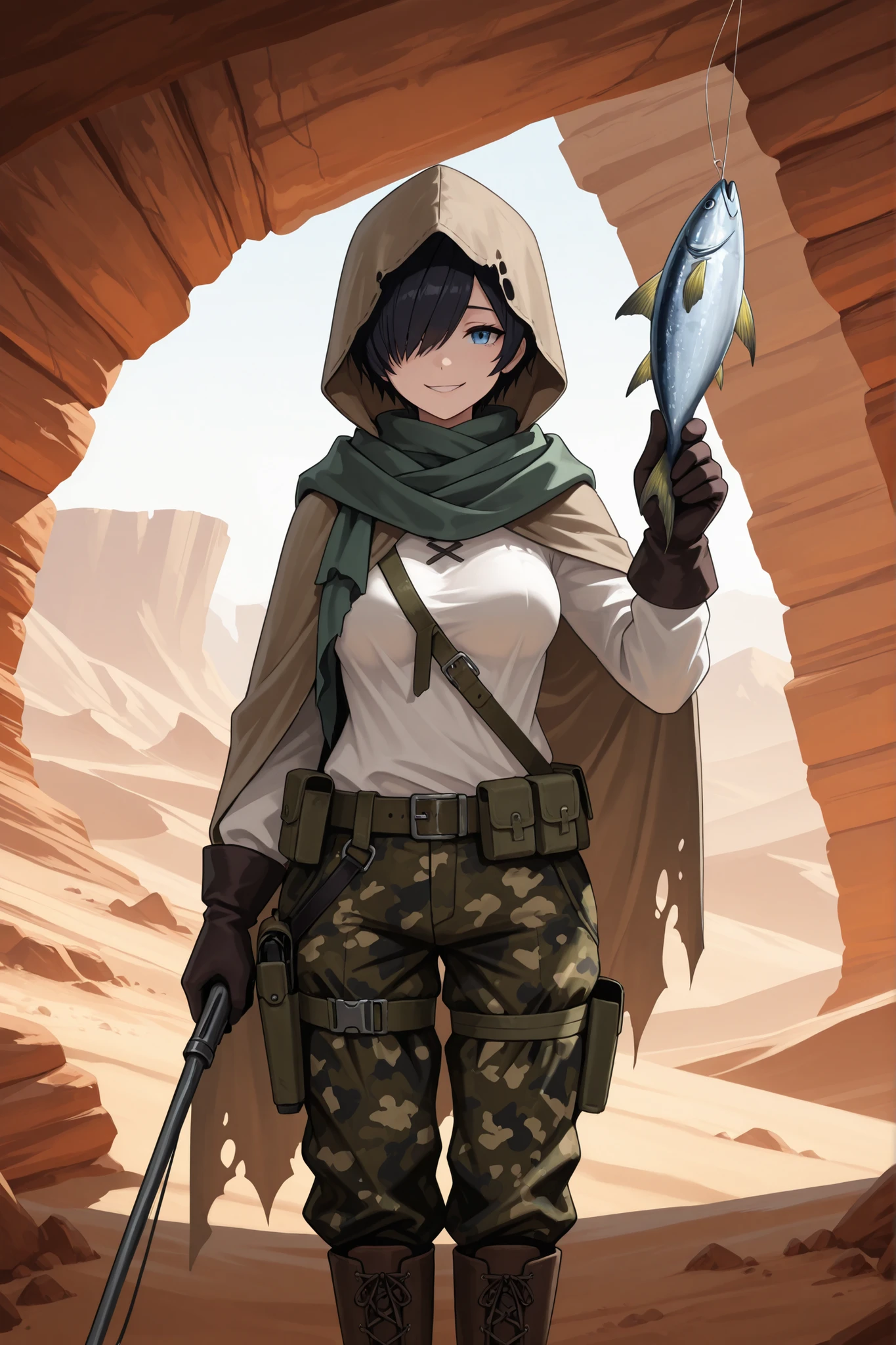 green scarf, hood, hooded cloak, cloak, hood up, torn clothes, black gloves, long sleeves, cape, camouflage pants, shirt, belt, thigh strap, cross-laced footwear, knee boots, holster,black hair, short hair, hair over one eye, blue eyes, medium breasts,jackassnier,scenery,nierscene, standing in a tent in a rocky desert, manic smile, holding up a fish, mackeral_(fish), arm outstretched, facing viewer, cowboy shot
