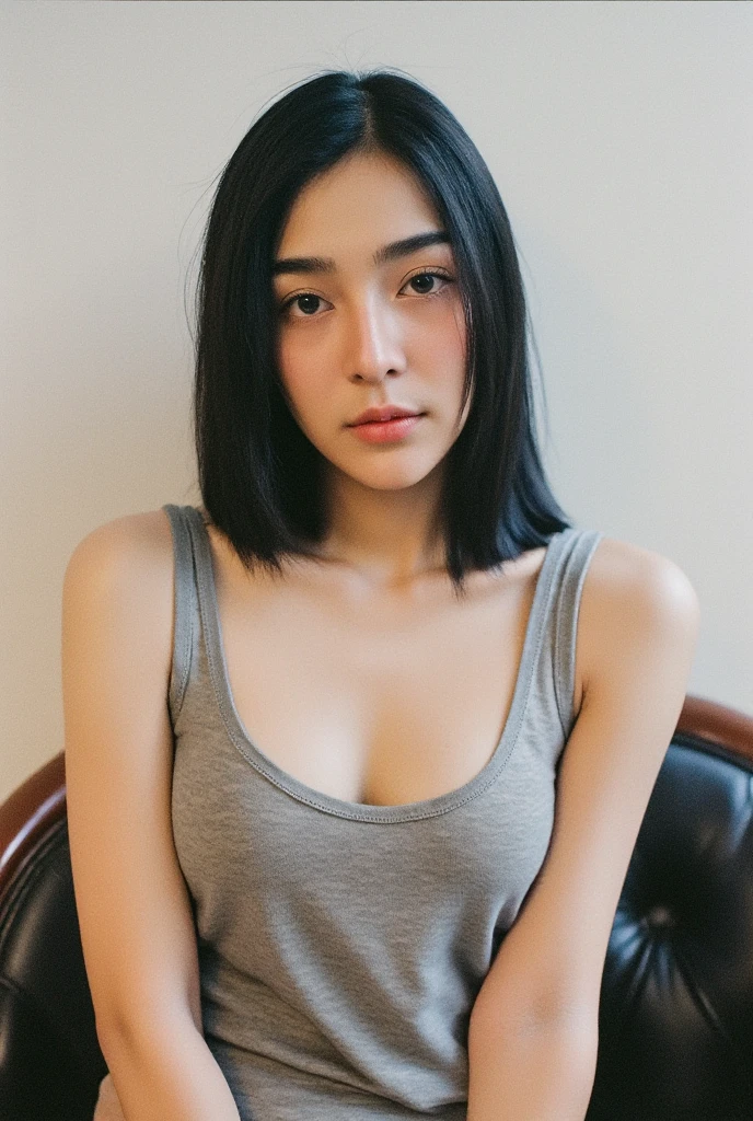 (One Person:1.6), (View from Front, Quarter Angle:1.4), (A Gorgeous 20 Years Old Japanese Female Model), (Wavy Bobcut Black Hair:1.6), (Athletic Body Builds), (Pale Skin:1.6), (Detailed Oily and Sweaty Skin:1.4), (Wearing Bright Red Tanktop:1.6), (Busty Chest Size:1.6), (Lying on Bed Pose:1.6), (Dimly lit Room:1.6), Centered, (Half Body Shot:1.6), Cinematic Shot and Lighting, Photo Realism, Intricate Face Detail, Intricate Hand Details, Highly Detailed, Vibrant Colors, Cinematic, High Definition, 1 girl