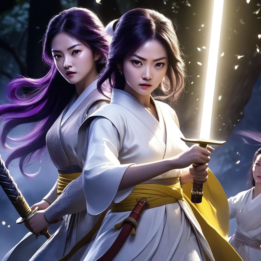 Generate an image that is Asian, have long black hair, that she is white, that she practices swordplay and that she has superpowers