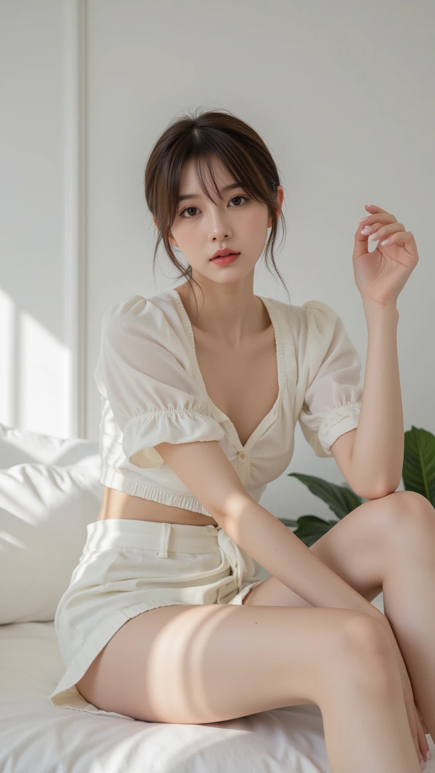 A beautiful woman  and tied up, detailed face, symmetrical eyes, hands bound with rope, feet together, bright indoor setting, short-sleeved shirt, miniskirt, white panties visible, sitting, 20 years old, medium build, photorealistic, (best quality,4k,8k,highres,masterpiece:1.2),ultra-detailed,(realistic,photorealistic,photo-realistic:1.37)