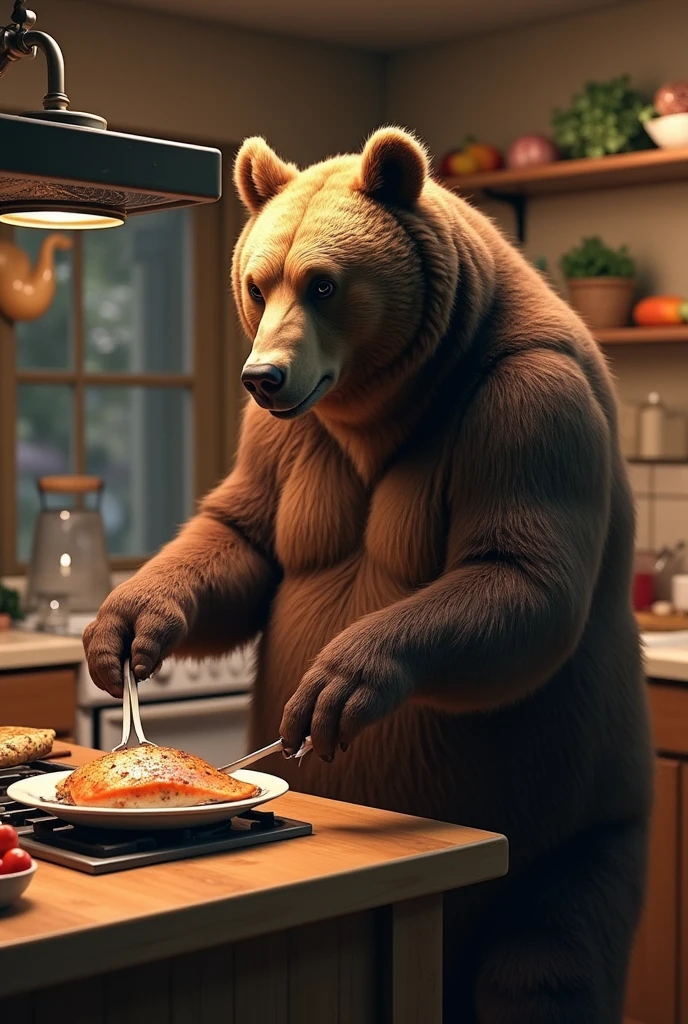 a grizzly bear in kitchen, eating burgers at fridge, brown fur, muscles, highly detailed, 8K, solo, male, full body, two-tone fur, back turned posing