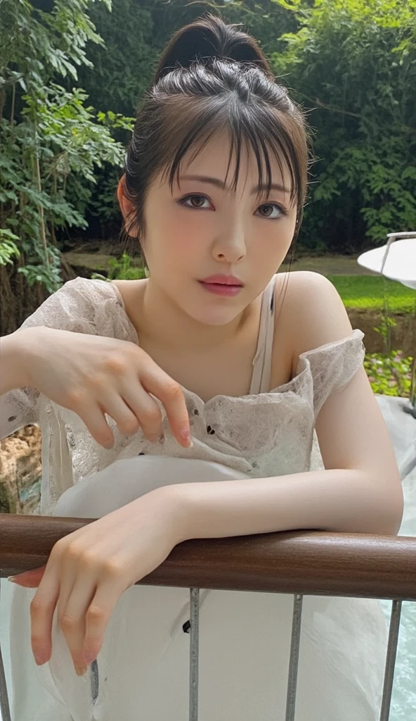Highest quality, masterpiece, Ultra-high resolution, Supermodels bathing in Japanese hot springs, Outdoor hot spring, Stone hot spring, Moss and tree々Surrounded by, Super beautiful face, Pure Body, I can see my pores, (smile:0.8), Wearing split (lace headband:1.2), (realism:1.5), Original photo, Soaking wet, Sweaty, Bare shoulders, In the Dark, Deep Shadow, Low Key, Cold Light