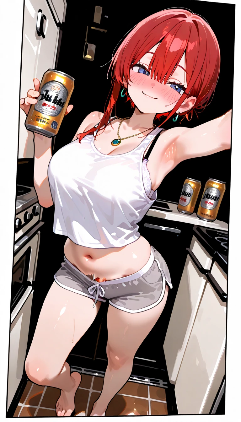 Japanese beauty naked,Slim body,Police Belt,Watch on wrist,Drunk,Embarrassed by the hiccups、Standing in front of a white wall、Above the knee shot