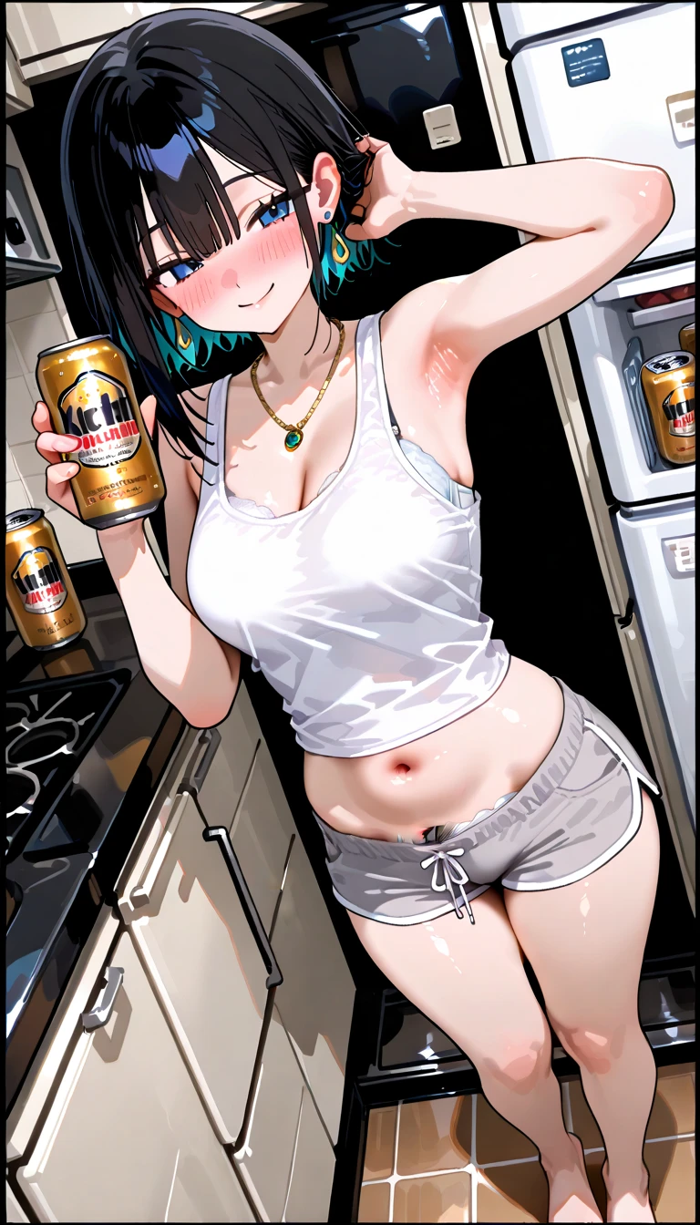 1boy,1girl in、Complete human body、masterpiece, top-quality, hight resolution, 1girl in, Upper body peephole door, Open the door, doorways、Little beautiful girl、cute little、Plain white wet oversized loose T-shirt、((((Sweat,steam,Lower grade)))),Sneaky macho faceless man standing behind a girl and putting his hand on her shoulder、tall dark-skinned man、Middle-aged man in bikini swimsuit、the man grins、man with beer can、Drunk man、Half-naked man