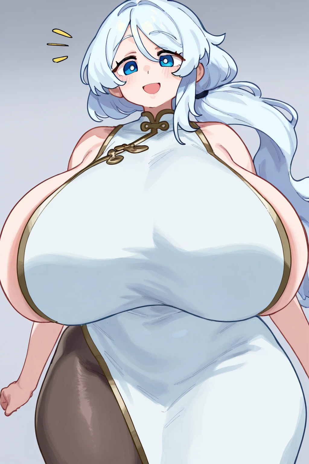 1 girl, long silver hair, fox ears, only fox ears, blue eyes, extremly detailed, blushing, huge breasts, sexy and seductive, wearing erotic blue and white kimono with golden elements, tall women, long flufy nine fox tails, thicc thighs, wide hips, smile, horny, absurdes, high res, ultra sharp, 8k, masterpiece, looking at viewer