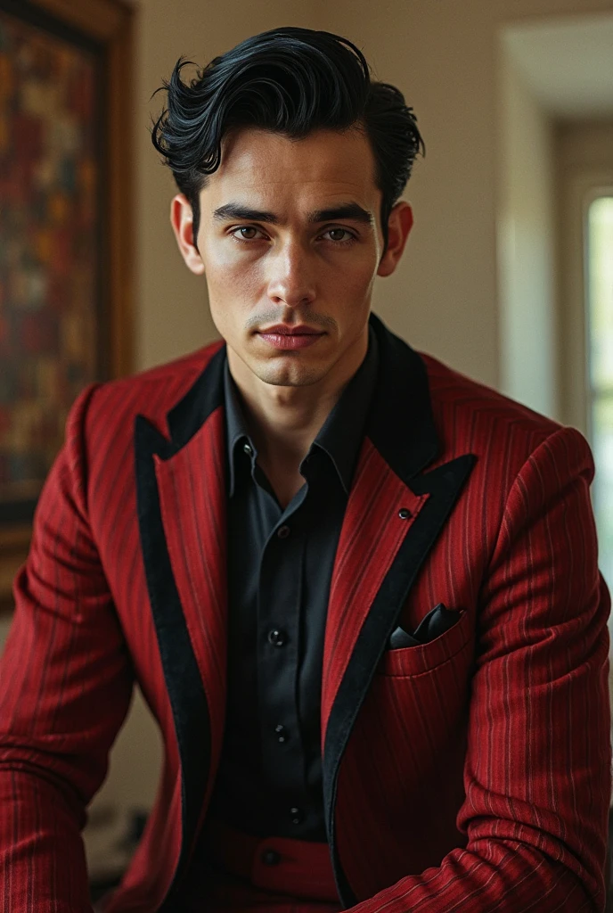 a muscular handsome man, dark red suit, bare muscular chest, black hair, sexy expression, perfect detailed face, tattooed chest, hyper realistic, 8k, high contrast,