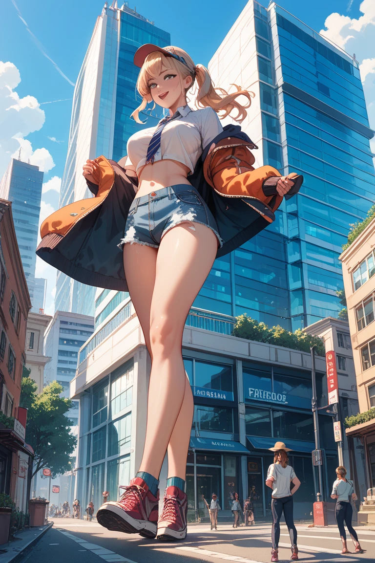 high-key and low-variance brightness scale,soft light,realistic light and shadow, light and dark interlaced,(from below:1.3),underboob focus,looking at viewer,dramatic angle,(solo:1.6)
(masterpiece),(best quality),(highres),(by famous artist),(((official art))),(by Paul Hedley),(illustration),
1girl,(frieren:1.6),(elf:1.4),Giantess female
(small breasts:1.3),(underboob:1.5),(whole body),(round face),(pointy ears),(slim legs),(skinny body),(detailed beautiful face),lustrous skin,shiny skin,(articulated fingers),navel,midriff,thick lips
(white tank top:1.4),(thong:1.4),(frayed denim shorts),bare foot,(off shoulders),(belly chain),belt,hair ornament,heart-shaped earrings,silver bracelet,black choker
outdoor,gts,city,buildingseat,rampage,destruction,people,car,the ground cleaves,(ground view:1.2)
((seductive smile)),blush,((standing)),bent over,hand on hip,
(sunglasses:1.2),(green eyes)
(white hair),long hair,twintails,parted bangs,(reflective hair),